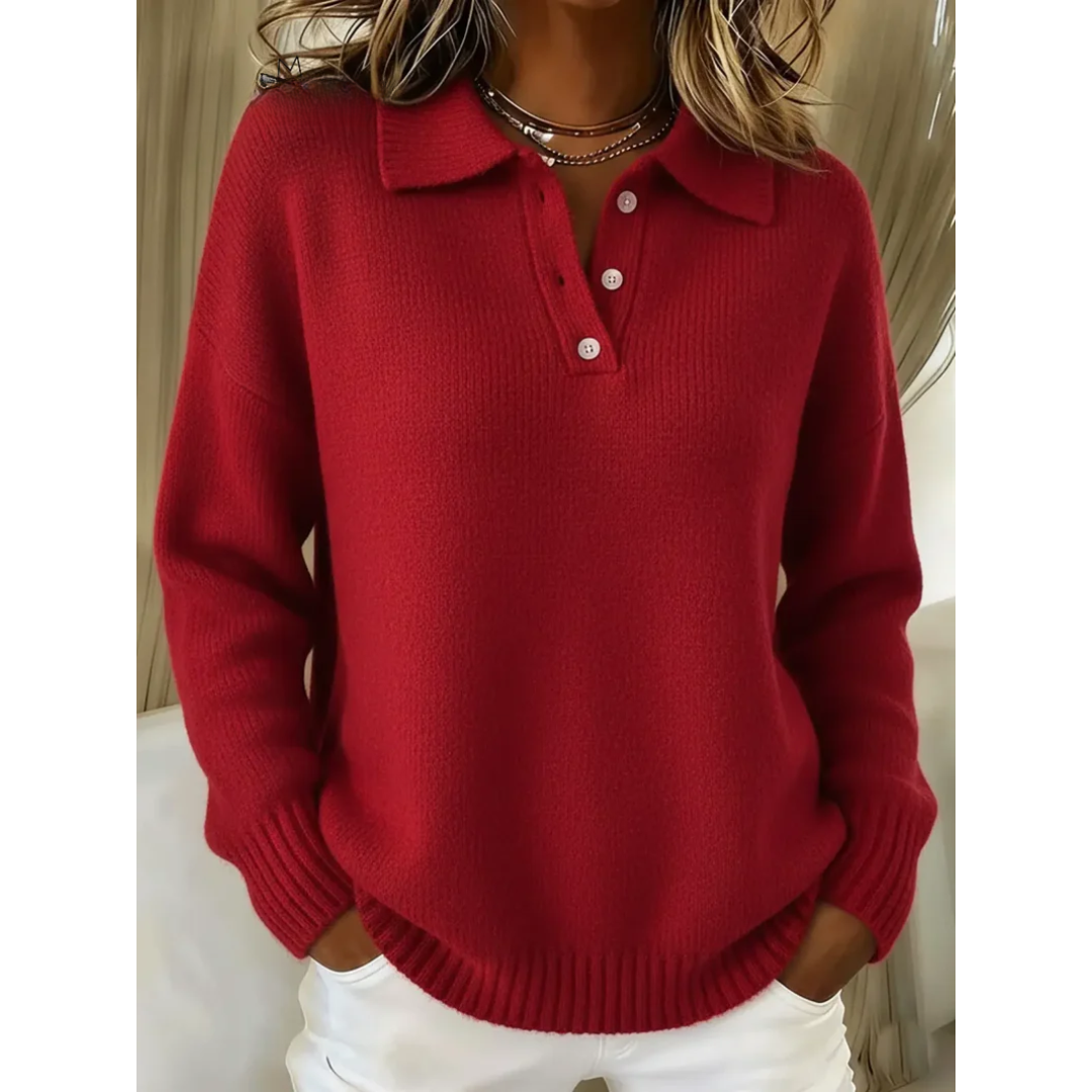 Marina soft polo jumper in red, relaxed front view