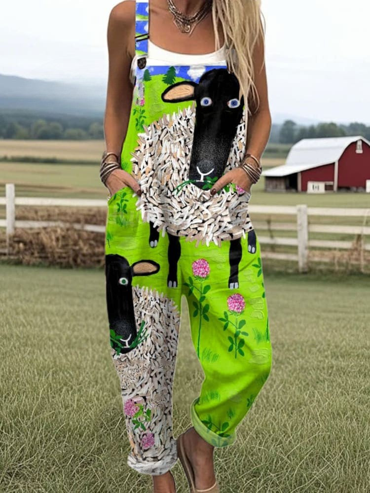 Whimsy dungarees in lime green sheep print, full-length front view