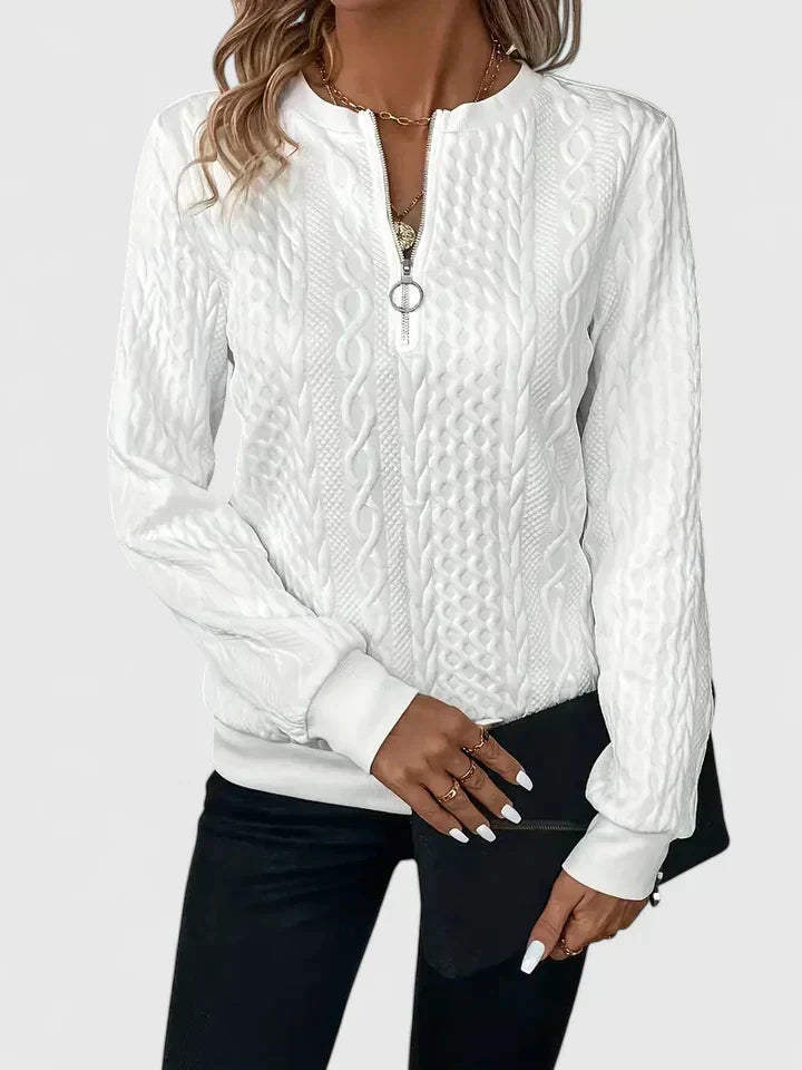 Ara textured sweater in white, front view with ribbed cuffs