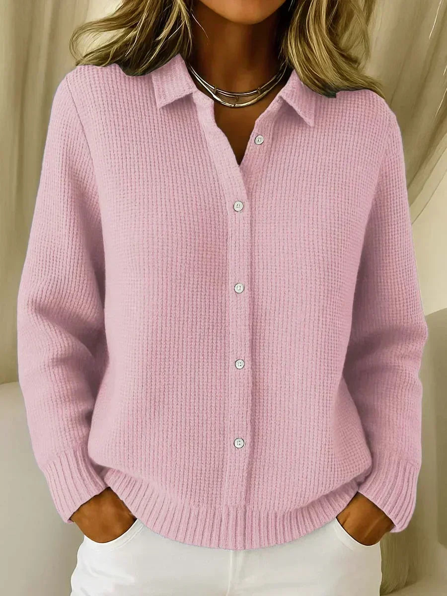 Carmela textured button-up cardigan in pink, front view with shirt collar