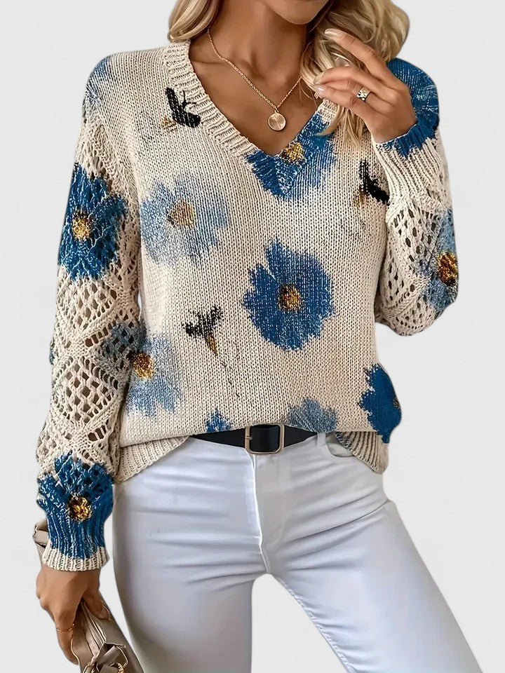 Tahlia floral sweater in blue floral print, close three-quarter view