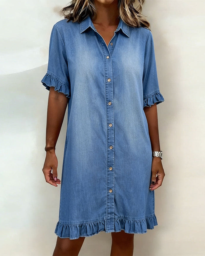 Maria denim shirt dress in blue, front view with ruffled cuffs