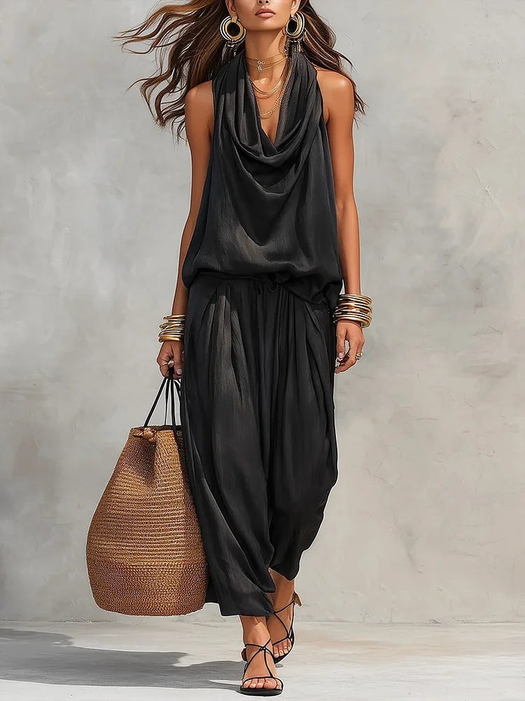 Demetria draped two-piece set in black, full-length front view