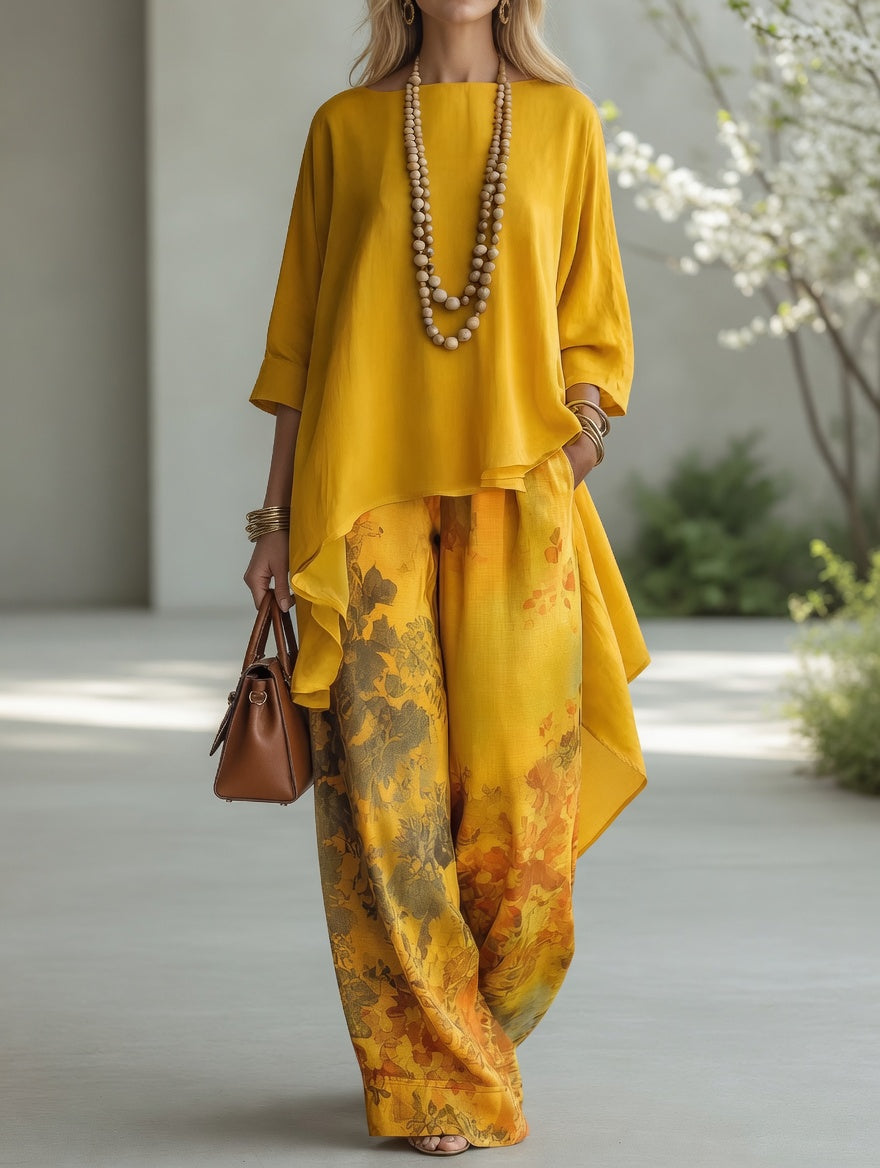 Ema vintage two-piece set in yellow, full-length front view