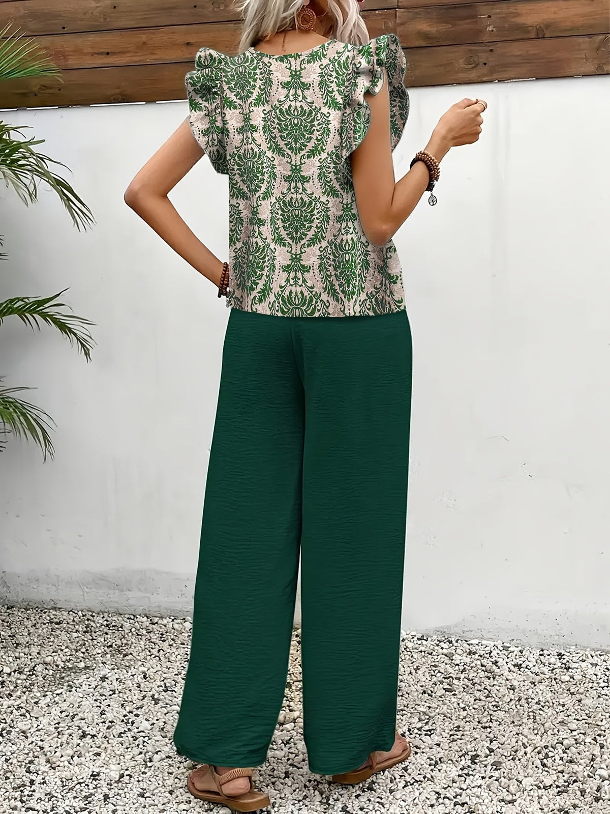 Amelia paisley two-piece set in dark green, back view outdoors