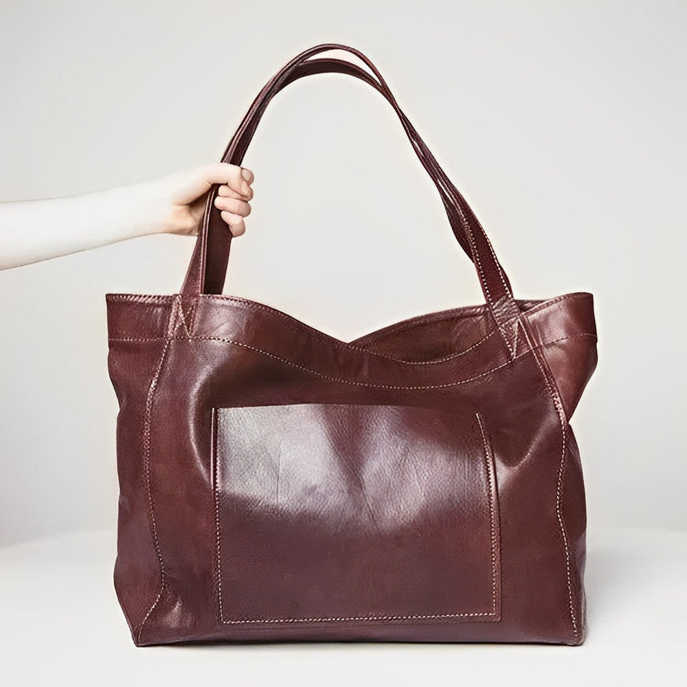 Oriane retro leather tote bag in dark brown, front view with front pocket