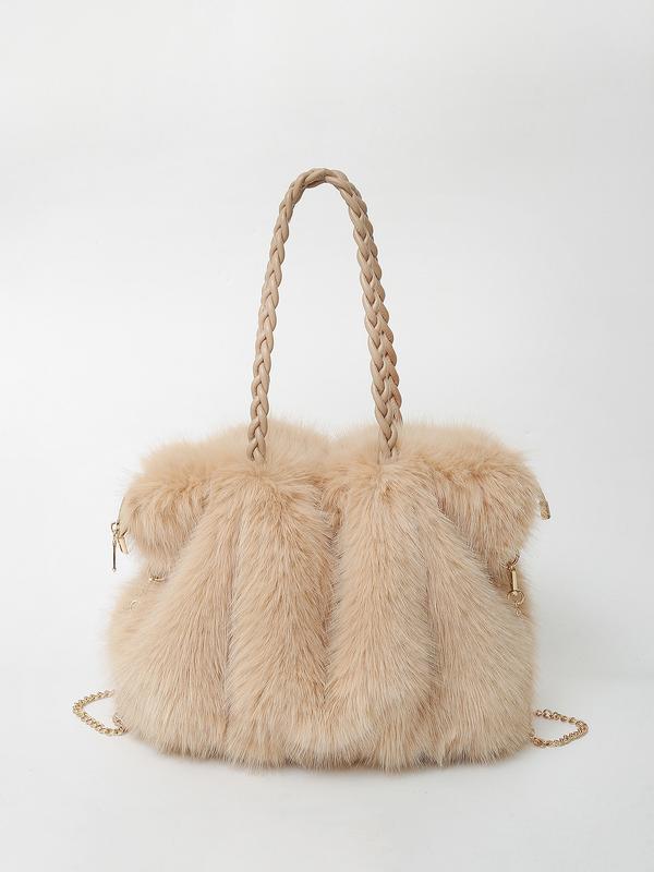 Charlotte plush shoulder tote bag in khaki grey, front view