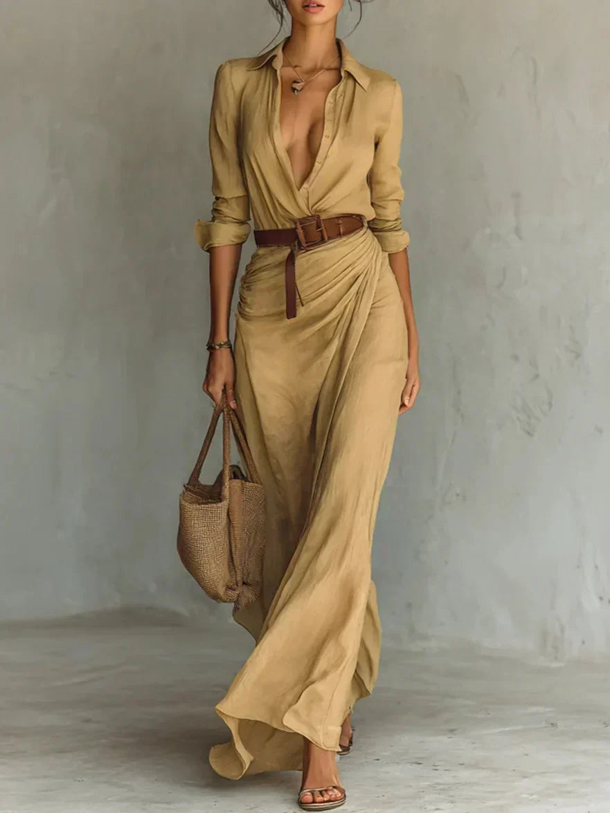 Una lapel-wrap maxi dress in khaki, belted front view