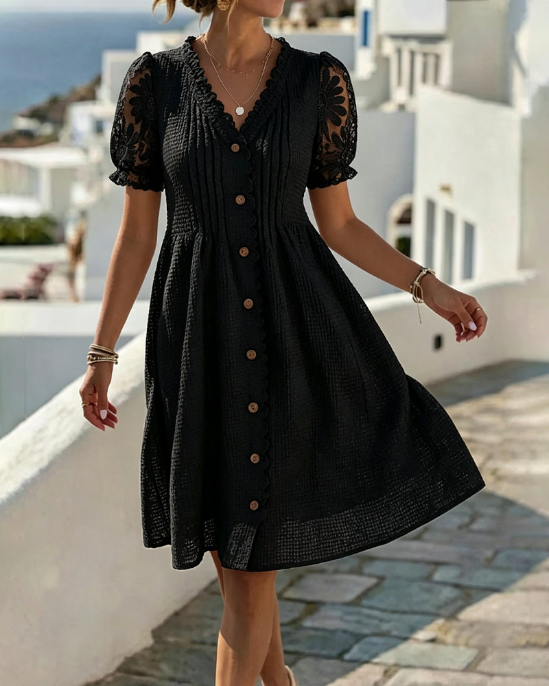 Deneke balloon sleeve midi dress in black, full-length front view