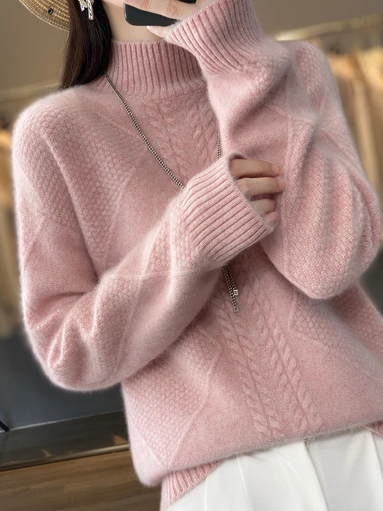 Vaesira cable-knit cashmere sweater in pink, close-up of collar and sleeve