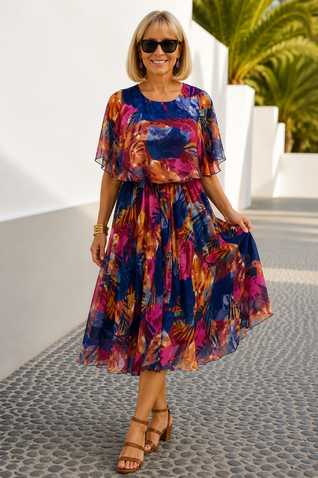 Barbara flow dress in navy tropical print, full-length front view