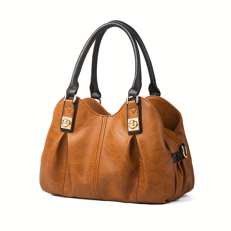 Zoe pleated tote in tan brown, three-quarter view with side buckle detail