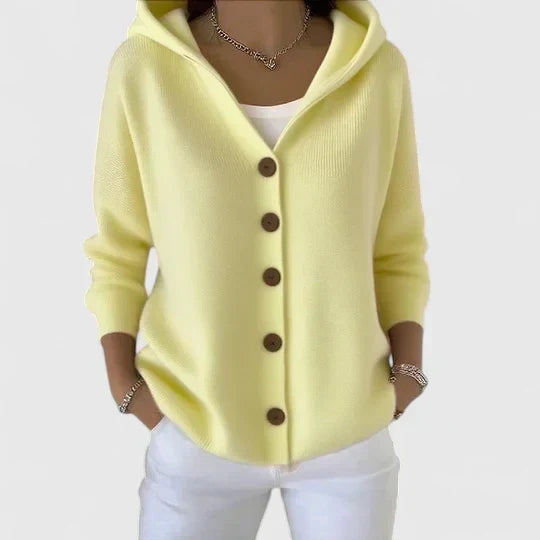 Sylvette hooded cardigan in pale yellow, front view