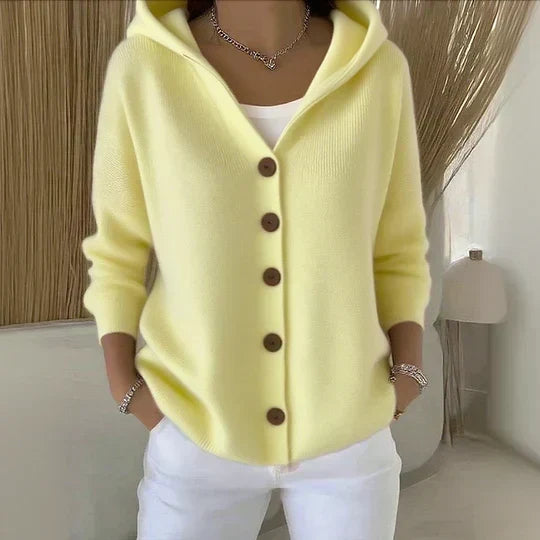 Rocío hooded knit cardigan in yellow, front view