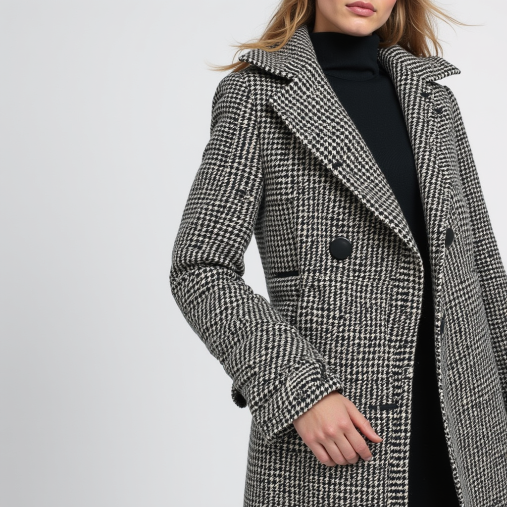 Corvella check coat in black and white, close front view on model