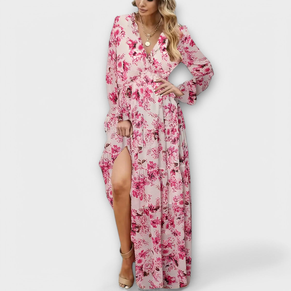Maya floral V-neck maxi dress in pink floral, front view