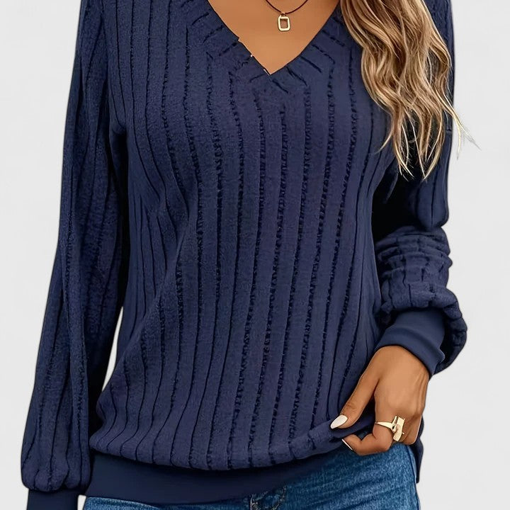 Celestinah ribbed V-neck sweater in navy blue, front view