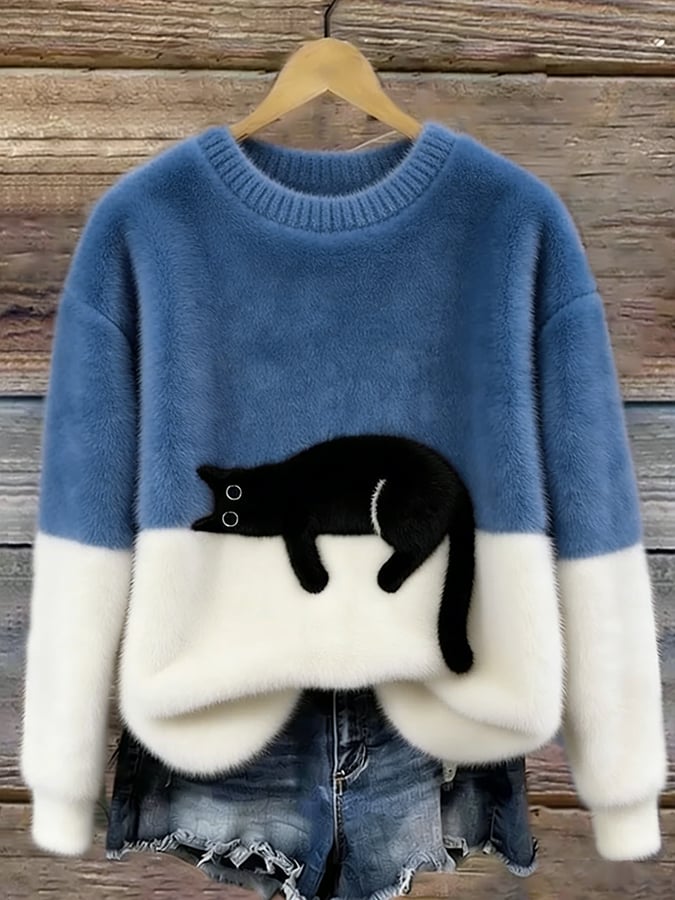 Aileen cat print oversized sweater in blue and cream, front view