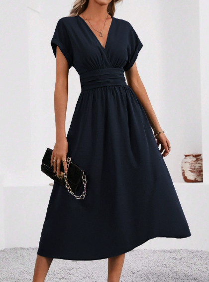 Lucyndra V-neck pleated waist midi dress in navy blue, full-length front view