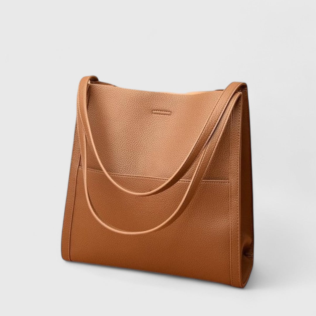 Elegant shoulder tote in brown, three-quarter front view