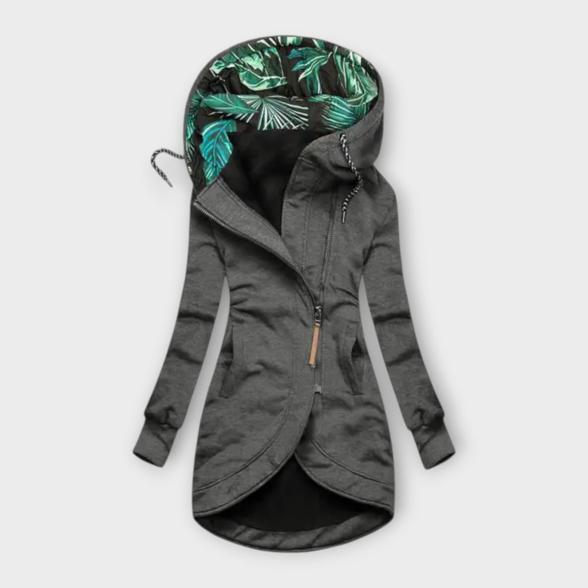 Minnie water-repellent hooded jacket in grey, front view with drawstring hood