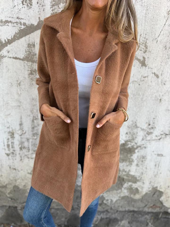Morwenna long button coat in camel, front view with wide lapels