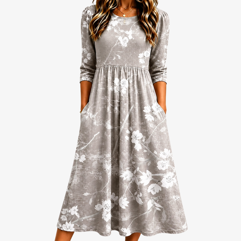 Silver grey blossom print pocket midi dress, full-length front view