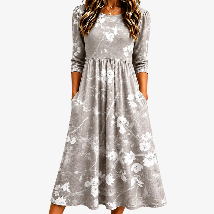 Silver grey blossom print pocket midi dress, full-length front view