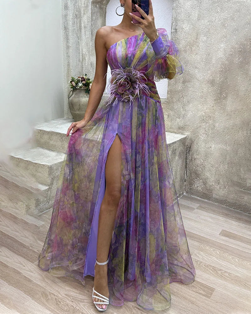 Orit asymmetrical one sleeve dress in lila floral, full-length front view