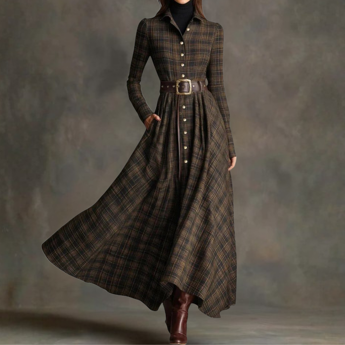 Sara vintage maxi dress in brown tartan, full-length front view with belt