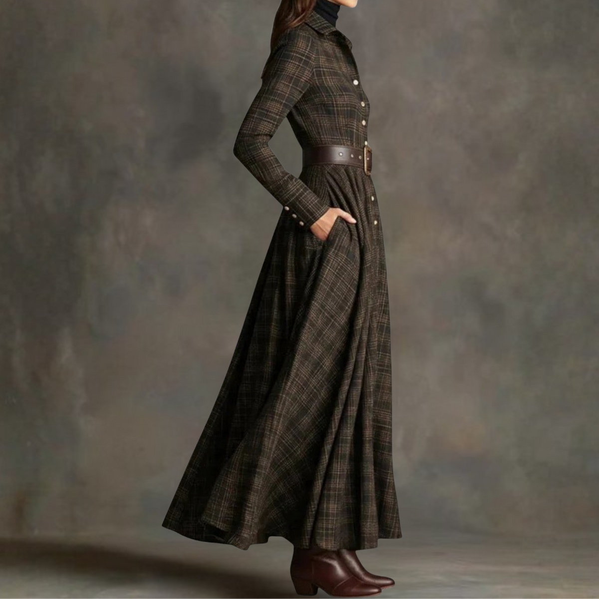 Sara tartan maxi shirt dress in brown, side view showing pocket