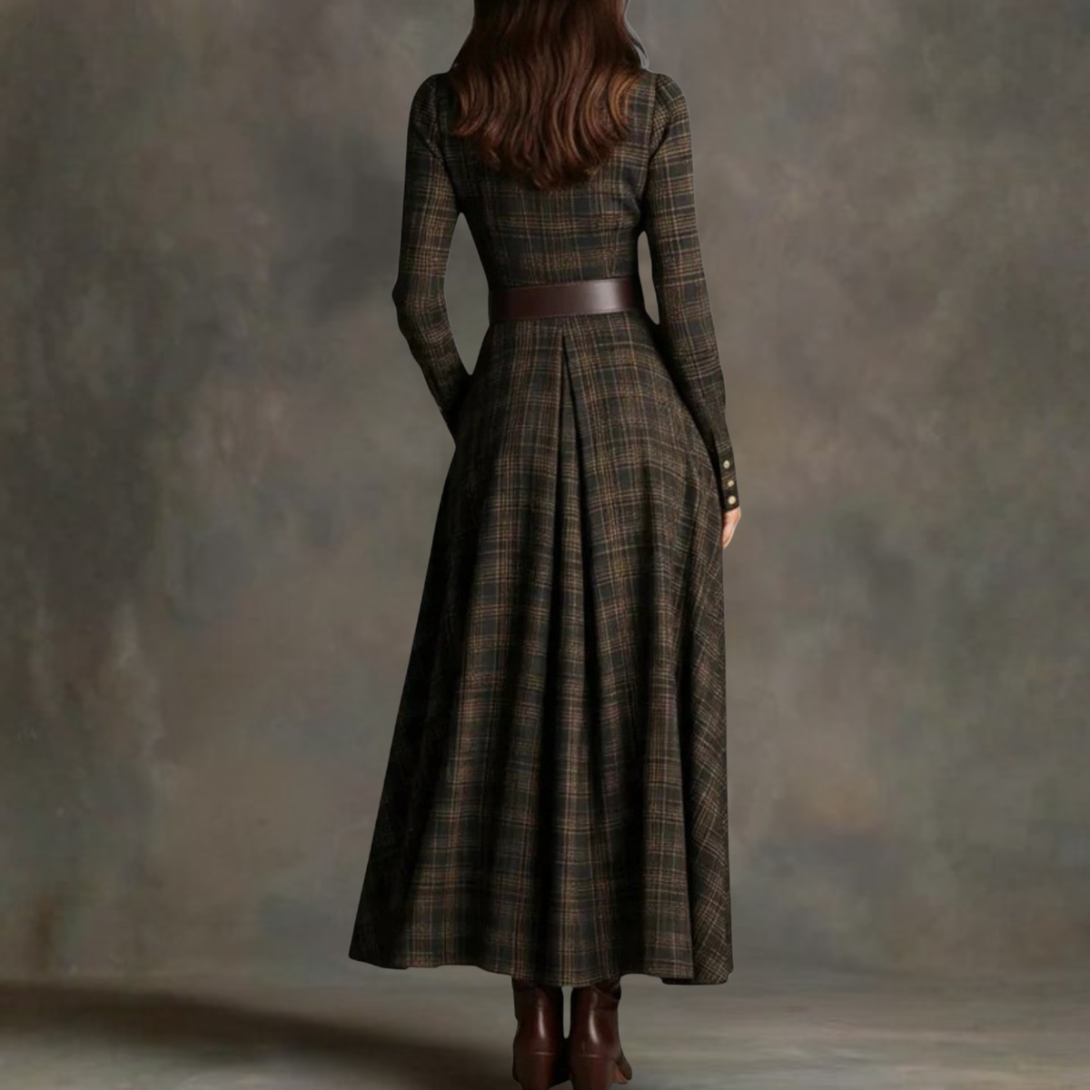 Sara tartan maxi dress in brown, back view showing pleated skirt