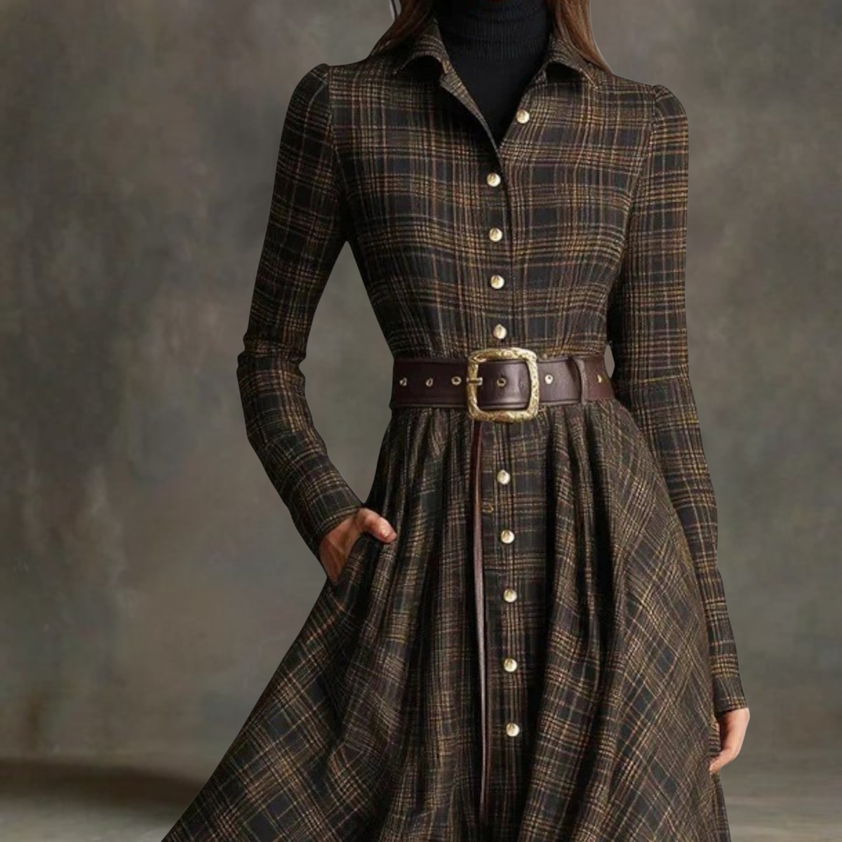 Sara tartan dress in brown, close view of collar, buttons and buckled belt