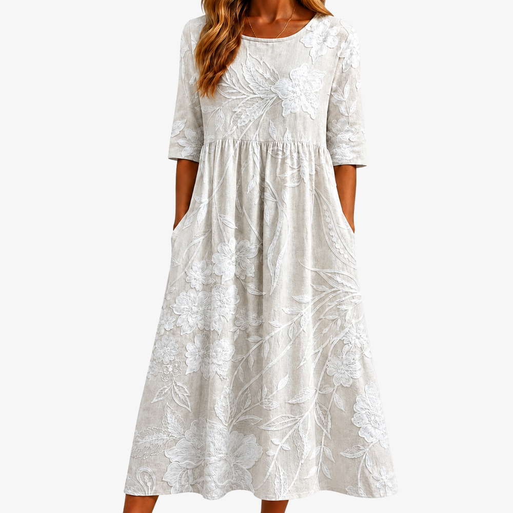 Whispering Garden midi dress in neutral beige with white floral print, front view
