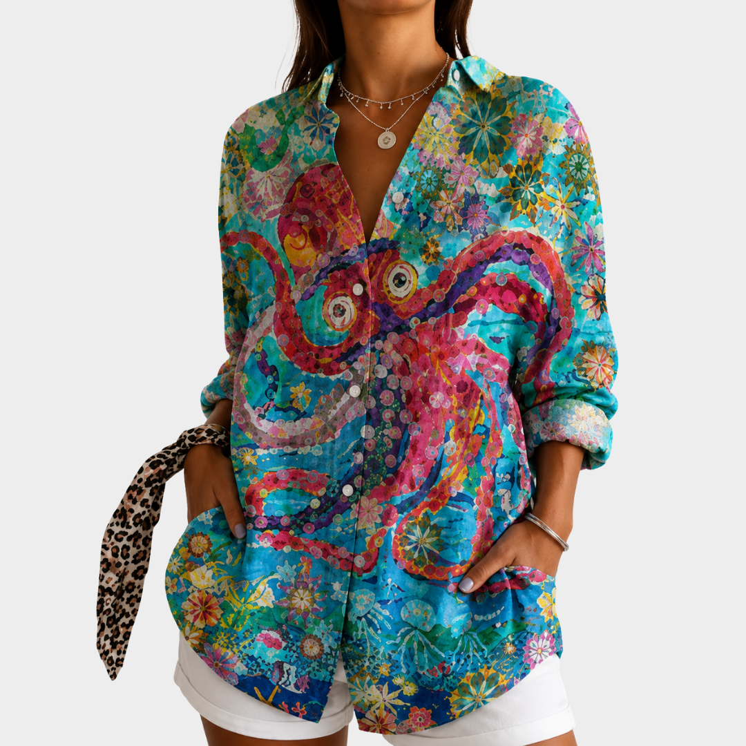 Sea-tone floral blouse in turquoise multicolour with octopus print, front view