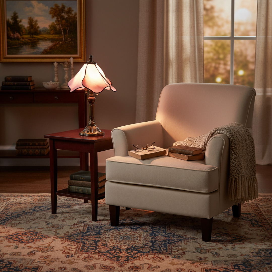Rose Fairy lamp glowing on a side table beside a cream armchair