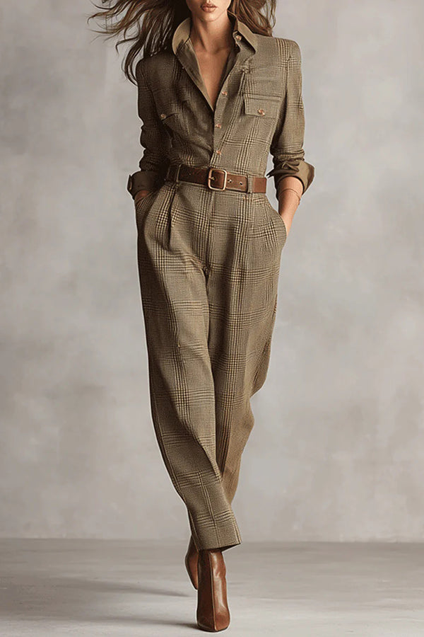 Aubrette tailored check jumpsuit in brown, full-length front view with belt