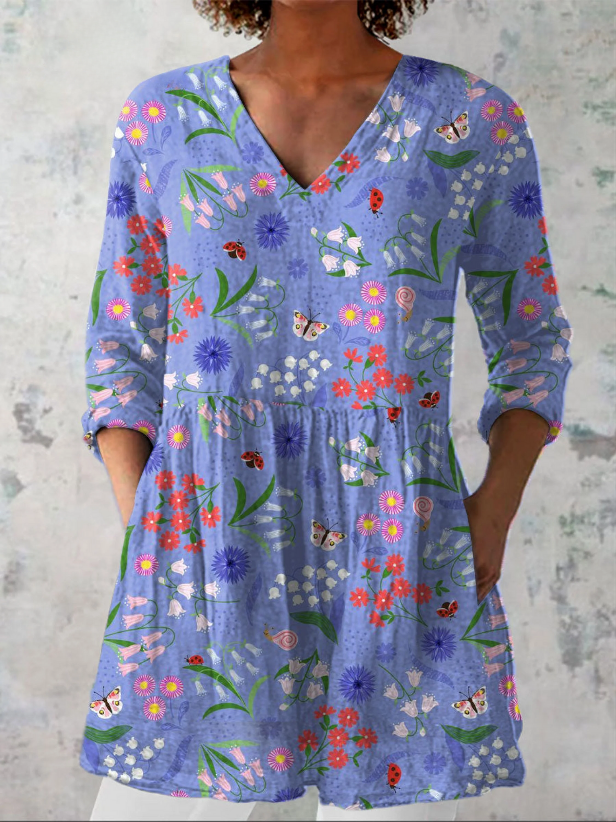 Aline long V-neck blouse in purple floral print, front view