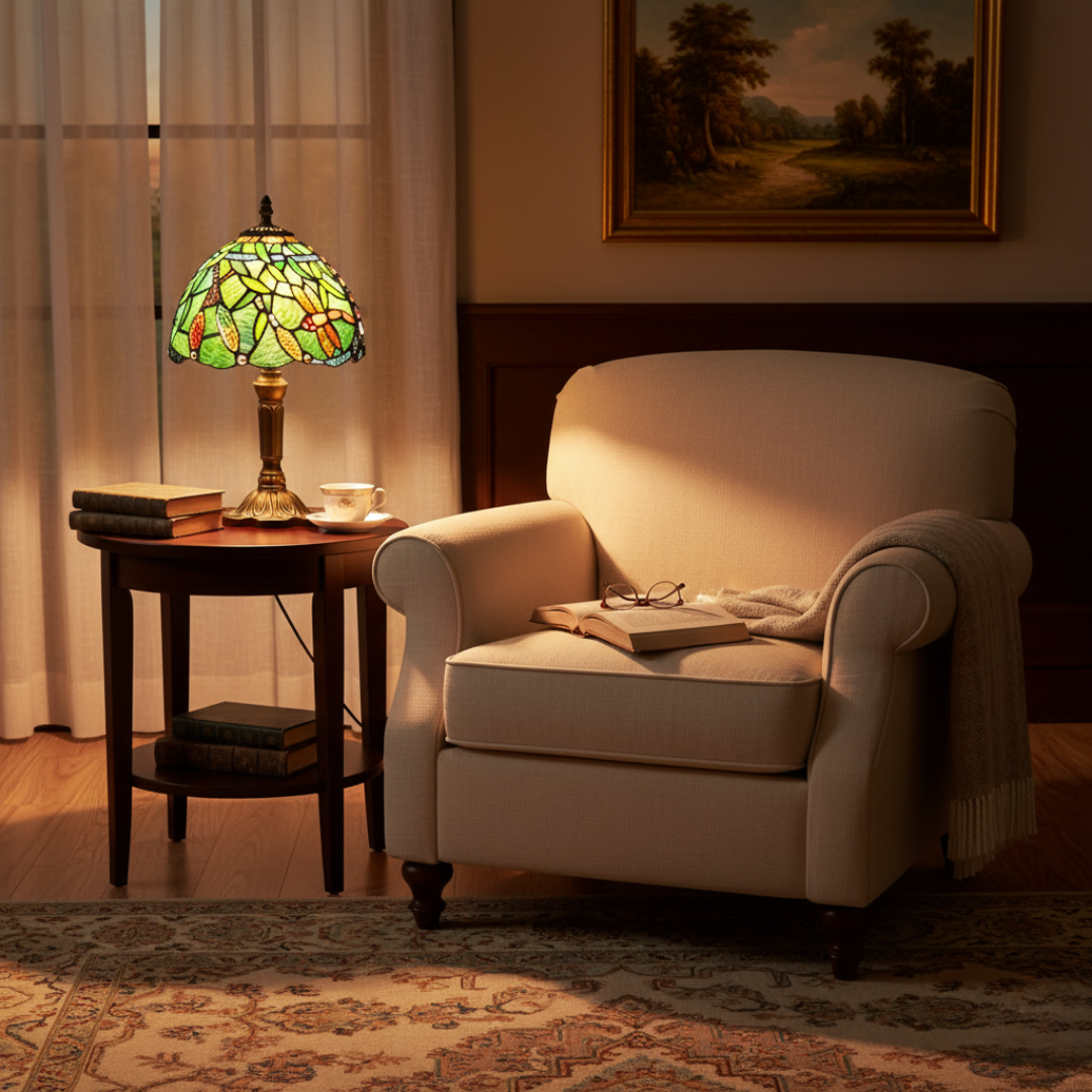 Dragonfly Branch lamp glowing on a side table beside a cream reading armchair