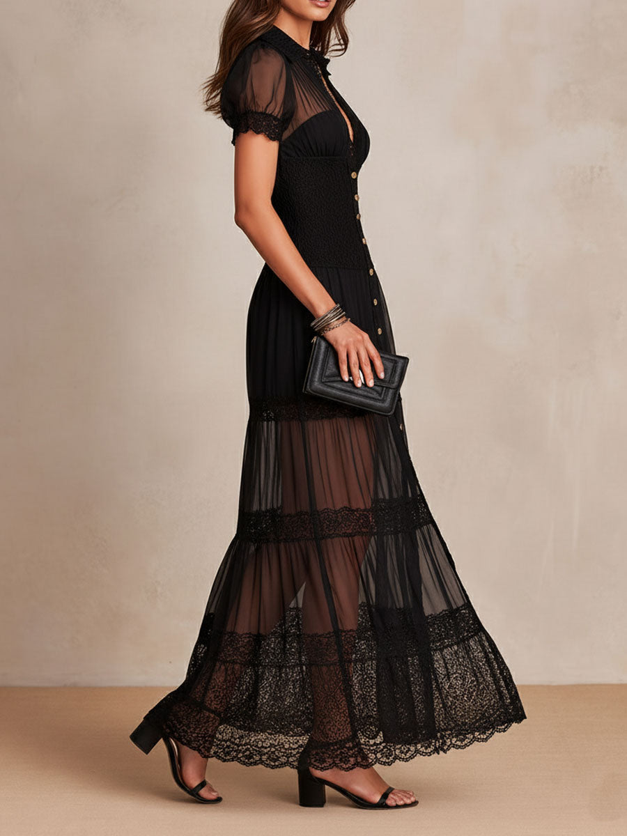 Juliette long lace dress in black, side view showing tiered skirt