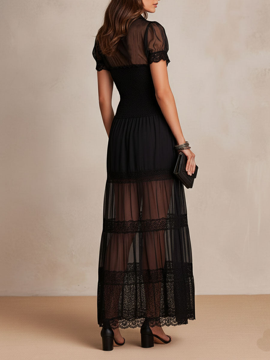 Juliette long lace dress in black, back view with smocked waist