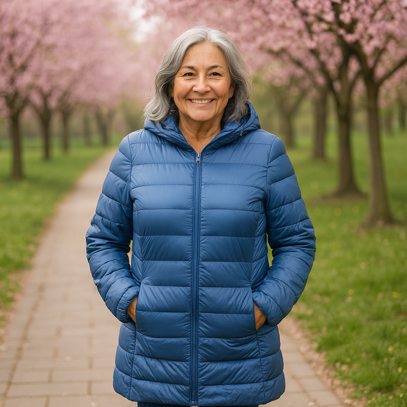 Helsa long padded jacket in indigo, worn open-path front view