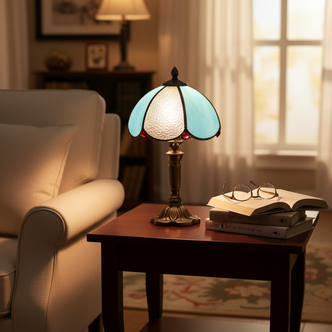Blue Butterfly stained-glass lamp glowing on a side table beside books and glasses
