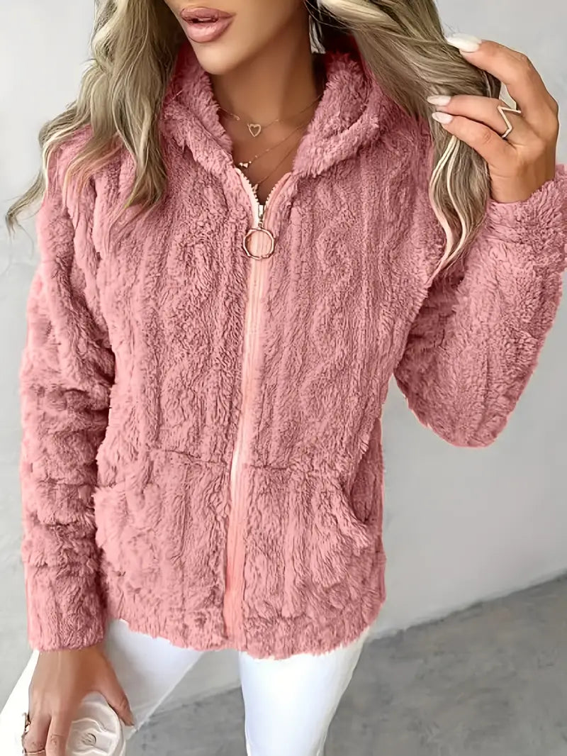 Ruth classic zip-up hoodie in pink, front view on model