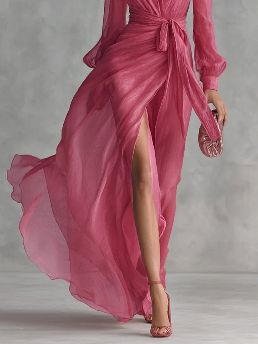 Gloria maxi dress in rose pink, detail of slit and flowing chiffon skirt