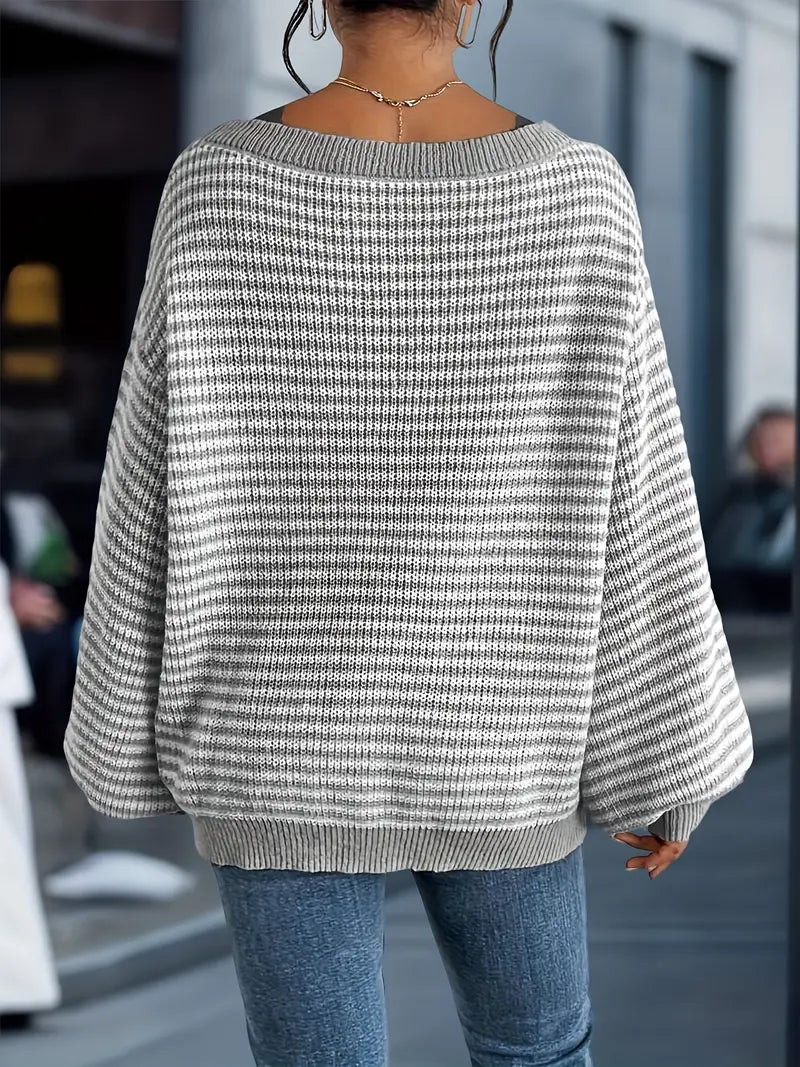 Alenya striped knit sweater in grey and white, back view
