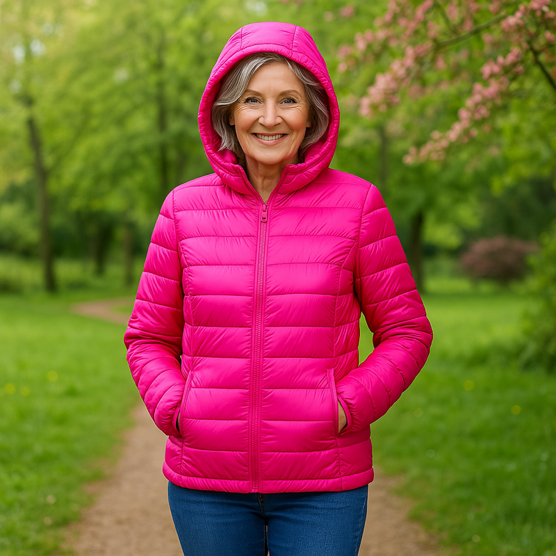 Metta transitional padded jacket in hot pink, hood up, front view outdoors