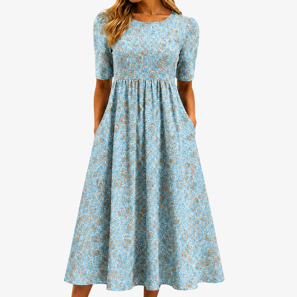 Seaside mosaic pocket maxi dress in sky blue floral print, full-length front view