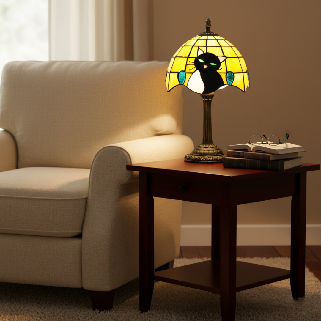 Green Eyes cat lamp lit on a side table beside a cream armchair