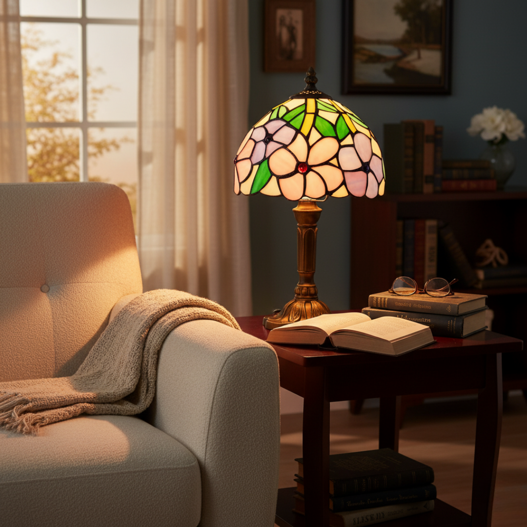 Large Flowers stained-glass lamp lit on a side table beside an armchair and books